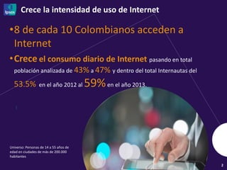 Crece la intensidad de uso de Internet
2
•8 de cada 10 Colombianos acceden a
Internet
•Crece el consumo diario de Internet pasando en total
población analizada de 43% a 47% y dentro del total Internautas del
53.5% en el año 2012 al 59%en el año 2013.
Universo: Personas de 14 a 55 años de
edad en ciudades de más de 200.000
habitantes
I
 