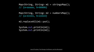 Map<String, String> m1 = stringsMap();
// {a=aaaaa, b=bbbbb}
Map<String, String> m2 = numbersMap();
// {a=11111, b=22222}
m2.replaceAll(m1::put);
System.out.println(m1);
System.out.println(m2);
Java 8 Puzzlers: The Strange, the Bizarre, and the Wonderful
 