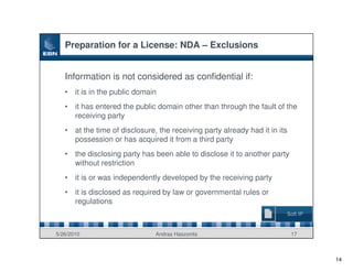 Preparation for a License: NDA – Exclusions


   Information is not considered as confidential if:
   •   it is in the public domain
   •   it has entered the public domain other than through the fault of the
       receiving party
   •   at the time of disclosure, the receiving party already had it in its
       possession or has acquired it from a third party
   •   the disclosing party has been able to disclose it to another party
       without restriction
   •   it is or was independently developed by the receiving party
   •   it is disclosed as required by law or governmental rules or
       regulations
                                                                          Soft IP


5/26/2010                       Andras Haszonits                              17



                                                                                    14
 