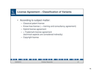 License Agreement – Classification of Variants


   • According to subject matter:
        – Classical patent license
        – Know-how license (→ training and consultancy agreement)
        – Hybrid license agreement
        – + Trademark license agreement
          (technical aspects are considered indirectly)
        – Copyright license




5/26/2010                    Andras Haszonits                       21



                                                                         18
 