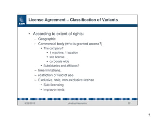 License Agreement – Classification of Variants


   • According to extent of rights:
        – Geographic
        – Commercial body (who is granted access?)
              The company?
                  1 machine, 1 location
                  site license
                  corporate wide
              Subsidiaries and affiliates?
        – time limitations,
        – restriction of field of use
        – Exclusive, sole, non-exclusive license
            • Sub-licensing
            • improvements


5/26/2010                        Andras Haszonits    22



                                                          19
 