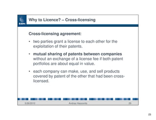 Why to Licence? – Cross-licensing


   Cross-licensing agreement:
   • two parties grant a license to each other for the
     exploitation of their patents.
   • mutual sharing of patents between companies
     without an exchange of a license fee if both patent
     portfolios are about equal in value.
   • each company can make, use, and sell products
     covered by patent of the other that had been cross-
     licensed.




5/26/2010                 Andras Haszonits                 29



                                                                23
 