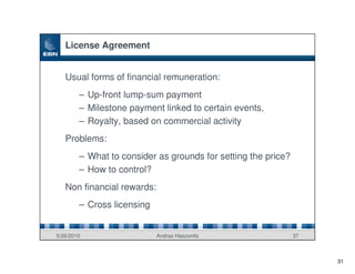 License Agreement


   Usual forms of financial remuneration:
        – Up-front lump-sum payment
        – Milestone payment linked to certain events,
        – Royalty, based on commercial activity
   Problems:
        – What to consider as grounds for setting the price?
        – How to control?
   Non financial rewards:
        – Cross licensing


5/26/2010                   Andras Haszonits                   37



                                                                    31
 