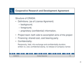 Cooperative Research and Development Agreement


   Structure of CRADA:
   • Definitions: (as of License Agrement)
      – background,
      – foreground,
      – proprietary (confidential) information,
   • Project team: both side to accomplish aims of the project
   • Financing: shared cost, cost bearing party
   • Confidentiality:
       Reciprocity, field, info exchange and confidentiality duration,
       written vs. oral, confidential stamp, no release of company names



5/26/2010                     Andras Haszonits                        73



                                                                           41
 