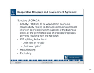 Cooperative Research and Development Agreement


   Structure of CRADA:
   • Liability: PRO has to be waived from economic
      responsibility related to damages (including personal
      injury) in connection with the activity of the business
      entity, or the commercial use of products/processes/
      services resulting from the research.
   • IPR splitting, but at least:
       – „first right of refusal”
       – „first look option”
   • Manufacturing
   • Exclusivity
                                                     Sample CRADA


5/26/2010                 Andras Haszonits                      74



                                                                     42
 