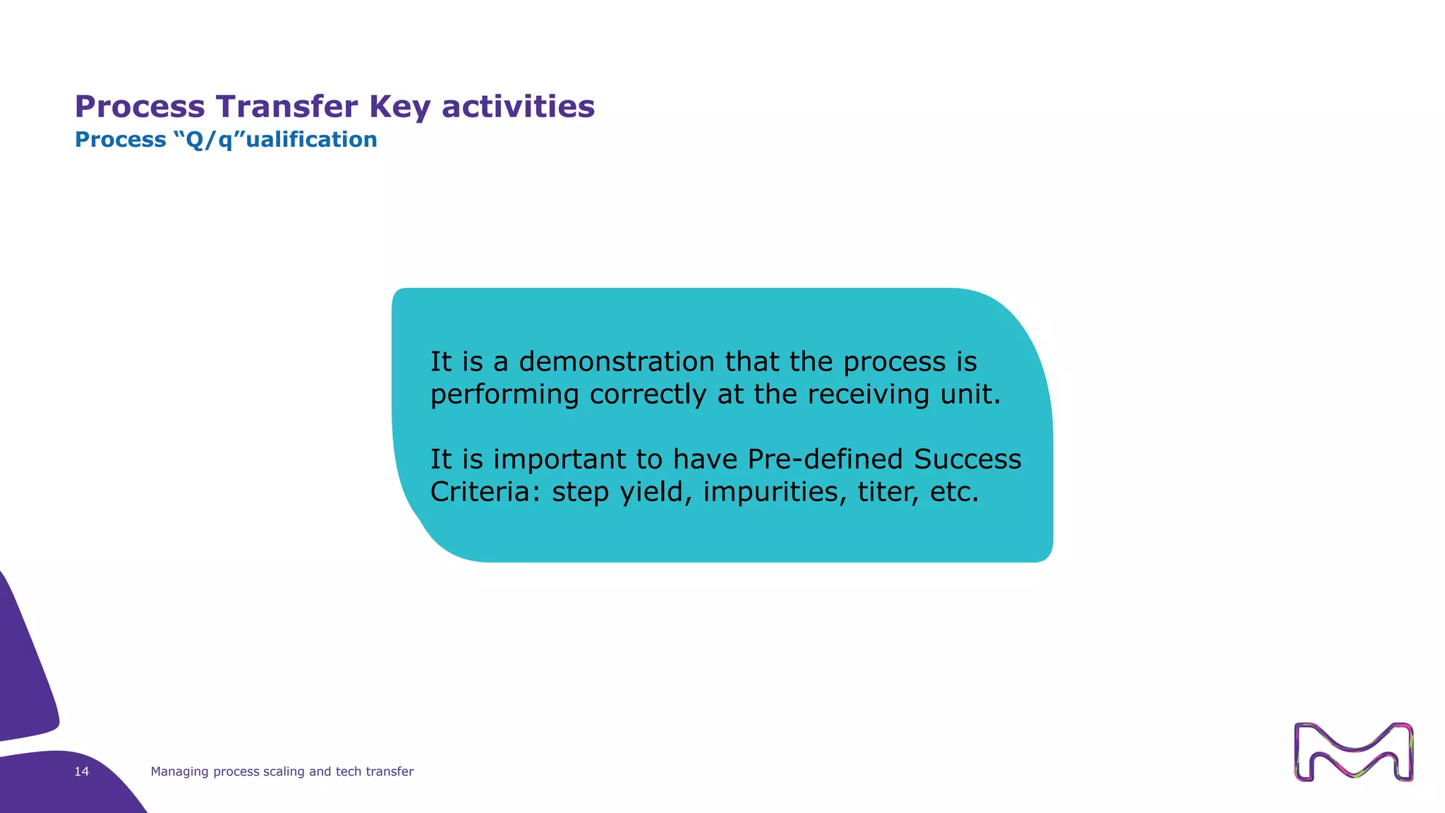 Process Transfer Key activities
14 Managing process scaling and tech transfer
Process “Q/q”ualification
It is a demonstration that the process is
performing correctly at the receiving unit.
It is important to have Pre-defined Success
Criteria: step yield, impurities, titer, etc.
 