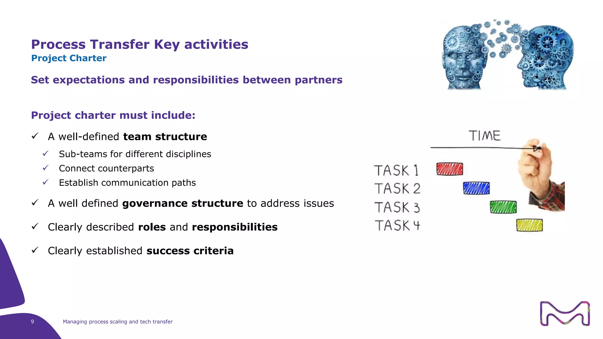 9 Managing process scaling and tech transfer
Process Transfer Key activities
Project Charter
Set expectations and responsibilities between partners
Project charter must include:
 A well-defined team structure
 Sub-teams for different disciplines
 Connect counterparts
 Establish communication paths
 A well defined governance structure to address issues
 Clearly described roles and responsibilities
 Clearly established success criteria
 
