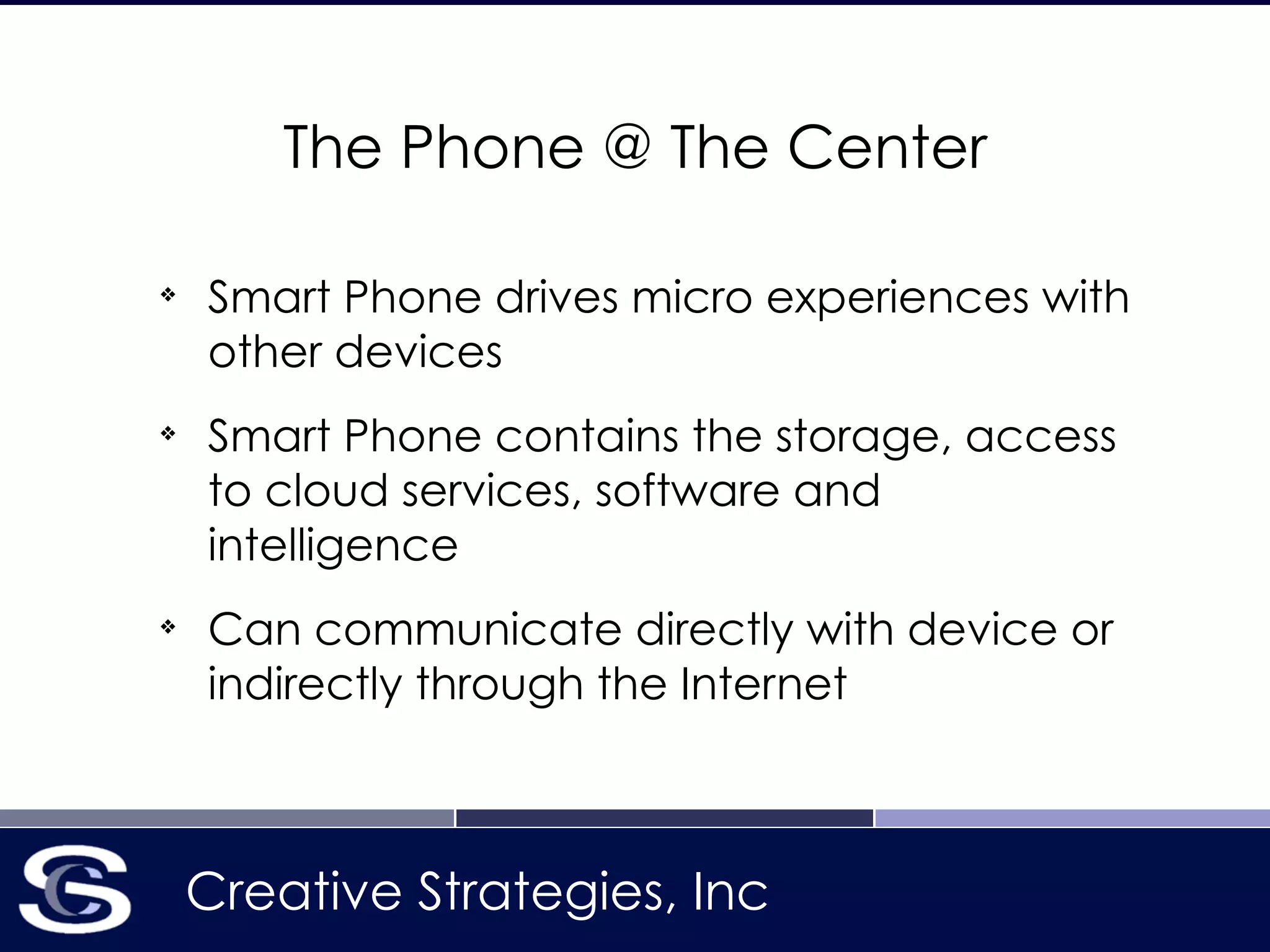 Creative Strategies, Inc
The Phone @ The Center
❖
Smart Phone drives micro experiences with
other devices
❖
Smart Phone contains the storage, access
to cloud services, software and
intelligence
❖
Can communicate directly with device or
indirectly through the Internet
 
