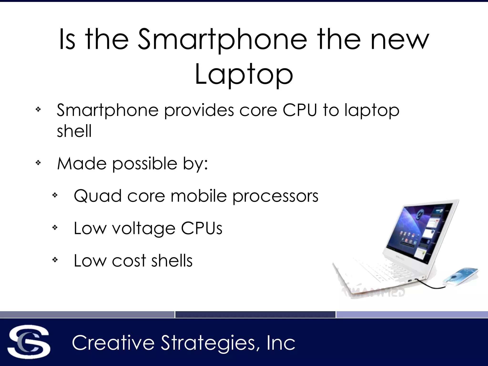 Creative Strategies, Inc
Is the Smartphone the new
Laptop
❖
Smartphone provides core CPU to laptop
shell
❖
Made possible by:
❖
Quad core mobile processors
❖
Low voltage CPUs
❖
Low cost shells
 