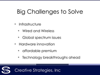 Creative Strategies, Inc
Big Challenges to Solve
❖
Infrastructure
❖
Wired and Wireless
❖
Global spectrum issues
❖
Hardware innovation
❖
affordable premium
❖
Technology breakthroughs ahead
 