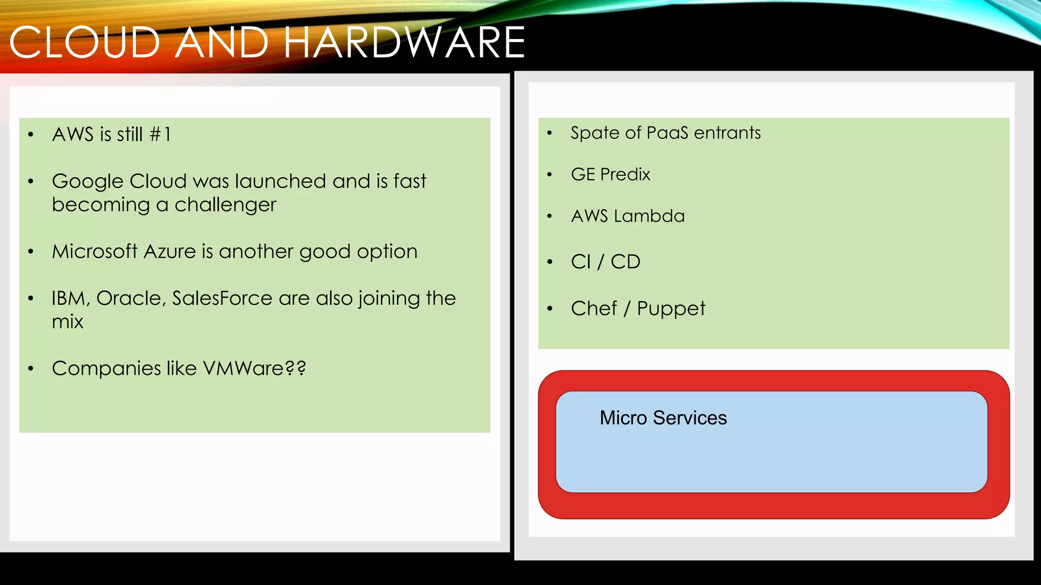 CLOUD AND HARDWARE
• AWS is still #1
• Google Cloud was launched and is
fast becoming a challenger
• Microsoft Azure is another good
option
• IBM, Oracle, SalesForce are also
joining the mix
• VMWare??
• AWS is still #1
• Google Cloud was launched and is fast
becoming a challenger
• Microsoft Azure is another good option
• IBM, Oracle, SalesForce are also joining the
mix
• Companies like VMWare??
• Spate of PaaS entrants
• GE Predix
• AWS Lambda
• CI / CD
• Chef / Puppet
Micro Services
 