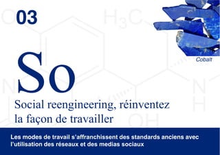 03
                                                                        Cobalt




 Social reengineering, réinventez
 la façon de travailler
Les modes de  travail  s’affranchissent  des  standards  anciens avec
l’utilisation  des  réseaux  et  des  medias  sociaux
                                                                 © 2013 Deloitte Conseil   12
 
