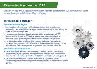 Réinventez  le  moteur  de  l’ERP
Les  ERP  ont  déjà  évolué  à  plusieurs  reprises  afin  d’étendre  leurs  fonctions.  Mais  le  moteur  sous-jacent
est  pour  l’essentiel  resté  le  même.  Cela  va  changer.



Qu’est-ce qui a changé ?
Nouvelles technologies
• Les requêtes « In memory » et les bases de données en colonnes
  augmentent  les  possibilités  d’analyse  transactionnelle et de data mining de
  l’ERP,  le  tout  en  temps réel.
• Les systèmes distribués, la virtualisation et les « appliances » ERP
  permettent de réduire le TCO et de tendre vers une tarification à la
  demande,  sans  que  l’intégration  et  l’administration  se complexifient.
• Les évolutions telles que le multiprocesseur, la baisse des coûts de
  stockage,  l’augmentation  de  l’efficacité  et  de  la  vitesse  des  réseaux,  et  les  
  architectures mémoires hybrides augmentent la puissance des ERP.
Les frontières sont abolies
• Les limites des ERP sont sans cesse repoussées, tant du point de vue
  fonctionnel  que  par  rapport  à  leurs  possibilités  d’analyse  de  l’information  ;;  
  c’est  maintenant  au  tour  du  moteur  de  l’ERP  de  connaître  un  changement.
• Les contraintes des outils orientés « processus » (process driven)
  s’atténuent  pour  appréhender  plus  facilement  l’aspect  «  événement » (event
  driven).

                                                                                                               © 2013 Deloitte Conseil   33
 