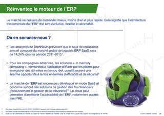 Réinventez  le  moteur  de  l’ERP

      Le marché ne cessera de demander mieux, moins cher et plus rapide. Cela signifie que  l’architecture  
      fondamentale  de  l’ERP  doit  être  évolutive,  flexible et abordable.



      Où en sommes-nous ?

      • Les analystes de TechNavio prévoient que le taux de croissance
        annuel composé du marché global de logiciels ERP SaaS sera
        de 14,24% pour la période 2011-2015¹.

      • Pour les compagnies aériennes, les solutions « In memory
        computing », combinées à  l’utilisation  d’iPads par les pilotes pour
        enregistrer des données en temps réel, constitueraient une
        énorme  opportunité  à  la  fois  en  termes  d’efficacité  et  de  sécurité²

      • Le  marché  de  l’ERP  est  encore  peu  développé  en  mode  SaaS et
        concerne surtout des solutions de gestion des flux financiers
        (recouvrement et gestion de la trésorerie) 3. Le cloud peut
        permettre  d’améliorer  l’accessibilité  de  l’ERP,  notamment  auprès  
        des PME.


1.   http://www.heraldonline.com/2012/09/13/4259451/research-and-markets-global-saas.html
2.   http://www.forbes.com/sites/sap/2012/09/26/how-in-memory-computing-could-transform-airlines-first-the-cockpit/
3.   Etude sur les spécificités du marché du SaaS en France, réalisée par Deloitte pour le compte de la Caisse des Dépôts et Consignations et l’AFDEL.   © 2013 Deloitte Conseil   34
 