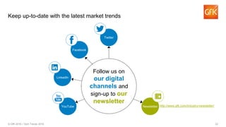 22© GfK 2016 | Tech Trends 2016
Keep up-to-date with the latest market trends
Twitter
LinkedIn
YouTube
Facebook
http://www.gfk.com/industry-newsletter/Newsletter
Follow us on
our digital
channels and
sign-up to our
newsletter
 