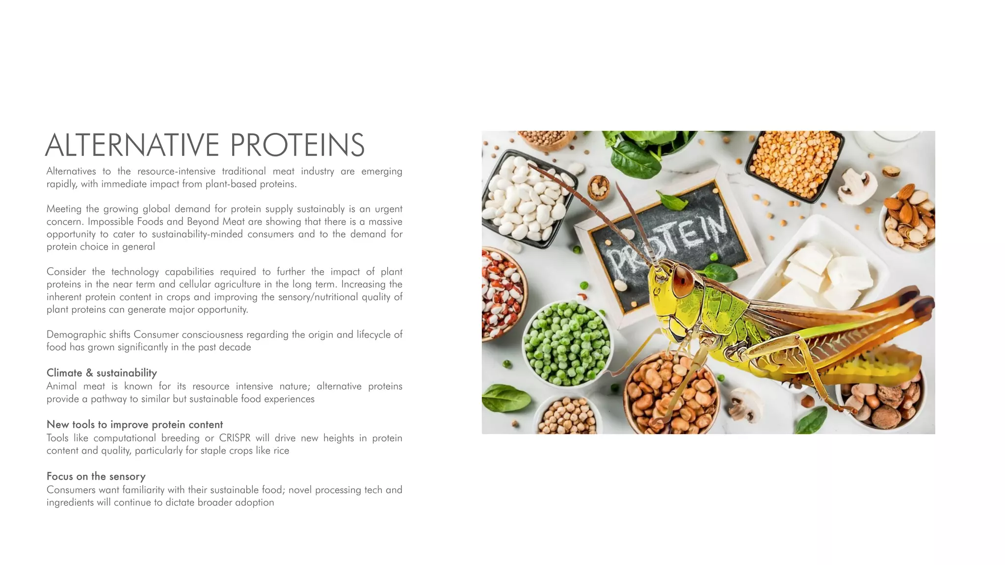 ALTERNATIVE PROTEINS
Alternatives to the resource-intensive traditional meat industry are emerging
rapidly, with immediate impact from plant-based proteins.
Meeting the growing global demand for protein supply sustainably is an urgent
concern. Impossible Foods and Beyond Meat are showing that there is a massive
opportunity to cater to sustainability-minded consumers and to the demand for
protein choice in general
Consider the technology capabilities required to further the impact of plant
proteins in the near term and cellular agriculture in the long term. Increasing the
inherent protein content in crops and improving the sensory/nutritional quality of
plant proteins can generate major opportunity.
Demographic shifts Consumer consciousness regarding the origin and lifecycle of
food has grown significantly in the past decade
Climate & sustainability
Animal meat is known for its resource intensive nature; alternative proteins
provide a pathway to similar but sustainable food experiences
New tools to improve protein content
Tools like computational breeding or CRISPR will drive new heights in protein
content and quality, particularly for staple crops like rice
Focus on the sensory
Consumers want familiarity with their sustainable food; novel processing tech and
ingredients will continue to dictate broader adoption
 