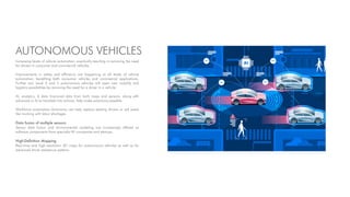 AUTONOMOUS VEHICLES
Increasing levels of vehicle automation, eventually resulting in removing the need
for drivers in consumer and commercial vehicles.
Improvements in safety and efficiency are happening at all levels of vehicle
automation, benefiting both consumer vehicles and commercial applications.
Further out, Level 4 and 5 autonomous vehicles will open new mobility and
logistics possibilities by removing the need for a driver in a vehicle.
AI, analytics, & data Improved data from both maps and sensors, along with
advances in AI to translate into actions, help make autonomy possible.
Workforce automation Autonomy can help replace existing drivers or aid areas
like trucking with labor shortages.
Data fusion of multiple sensors
Sensor data fusion and environmental modeling are increasingly offered as
software components from specialty AV companies and startups.
High-Deﬁnition Mapping
Real-time and high-resolution 3D maps for autonomous vehicles as well as for
advanced driver assistance systems.
 