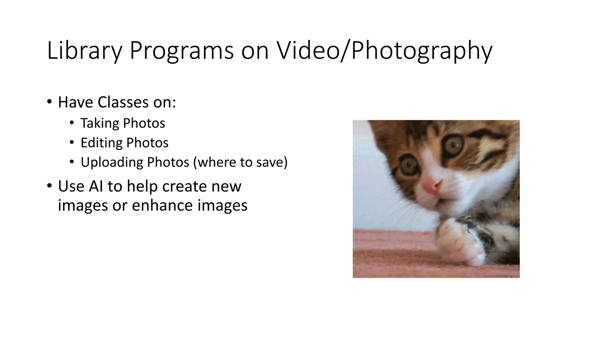 Library Programs on Video/Photography
• Have Classes on:
• Taking Photos
• Editing Photos
• Uploading Photos (where to save)
• Use AI to help create new
images or enhance images
 