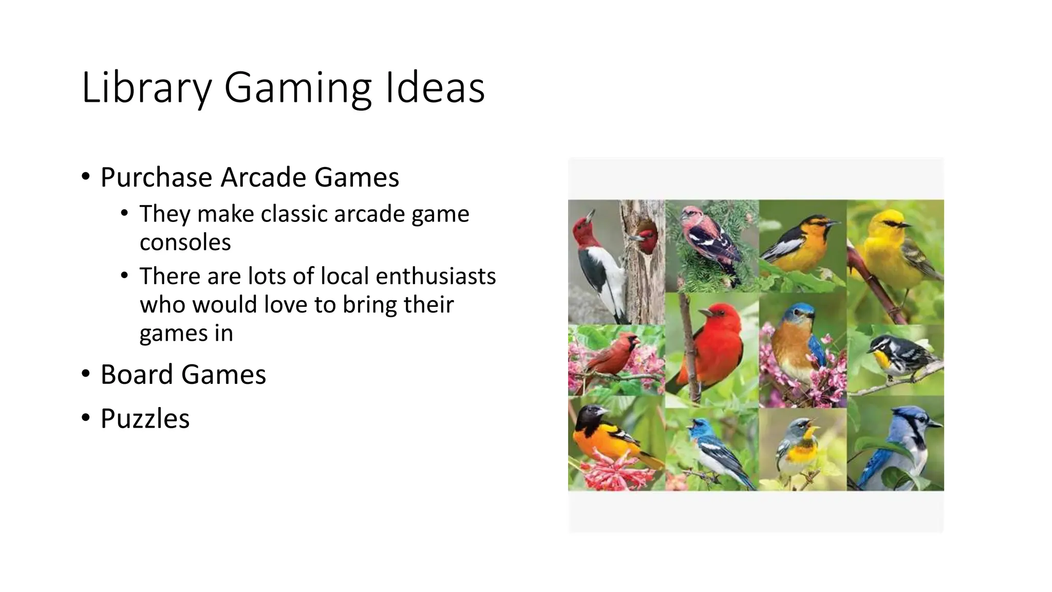 Library Gaming Ideas
• Purchase Arcade Games
• They make classic arcade game
consoles
• There are lots of local enthusiasts
who would love to bring their
games in
• Board Games
• Puzzles
 