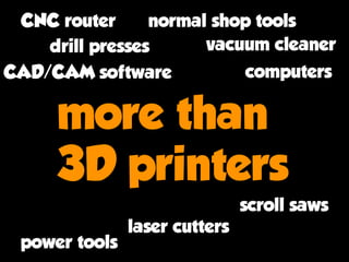 more than 
3D printers
drill presses vacuum cleaner
CAD/CAM software computers
CNC router normal shop tools
scroll saws
laser cutters
power tools
 