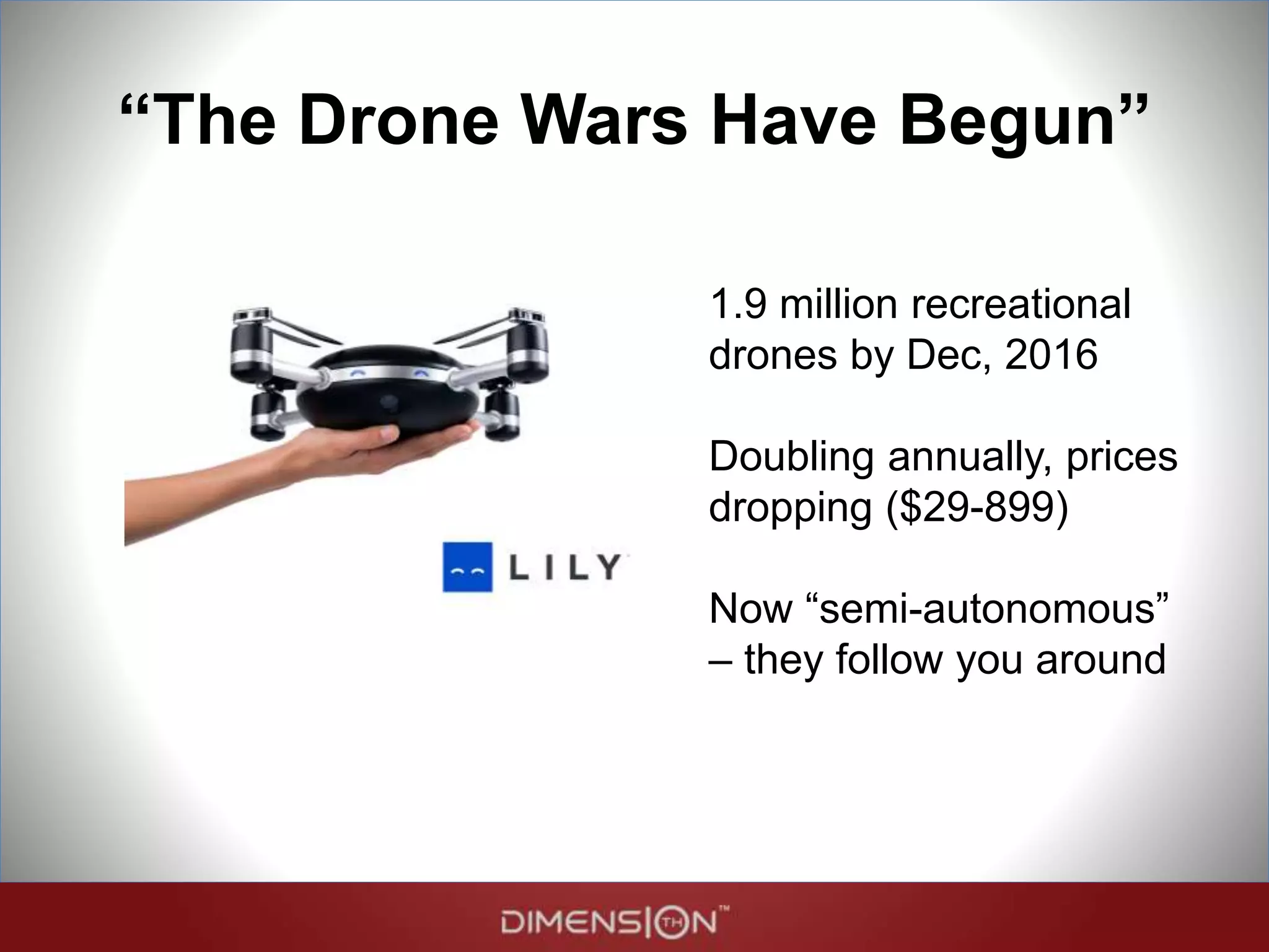 “The Drone Wars Have Begun”
1.9 million recreational
drones by Dec, 2016
Doubling annually, prices
dropping ($29-899)
Now “semi-autonomous”
– they follow you around
 
