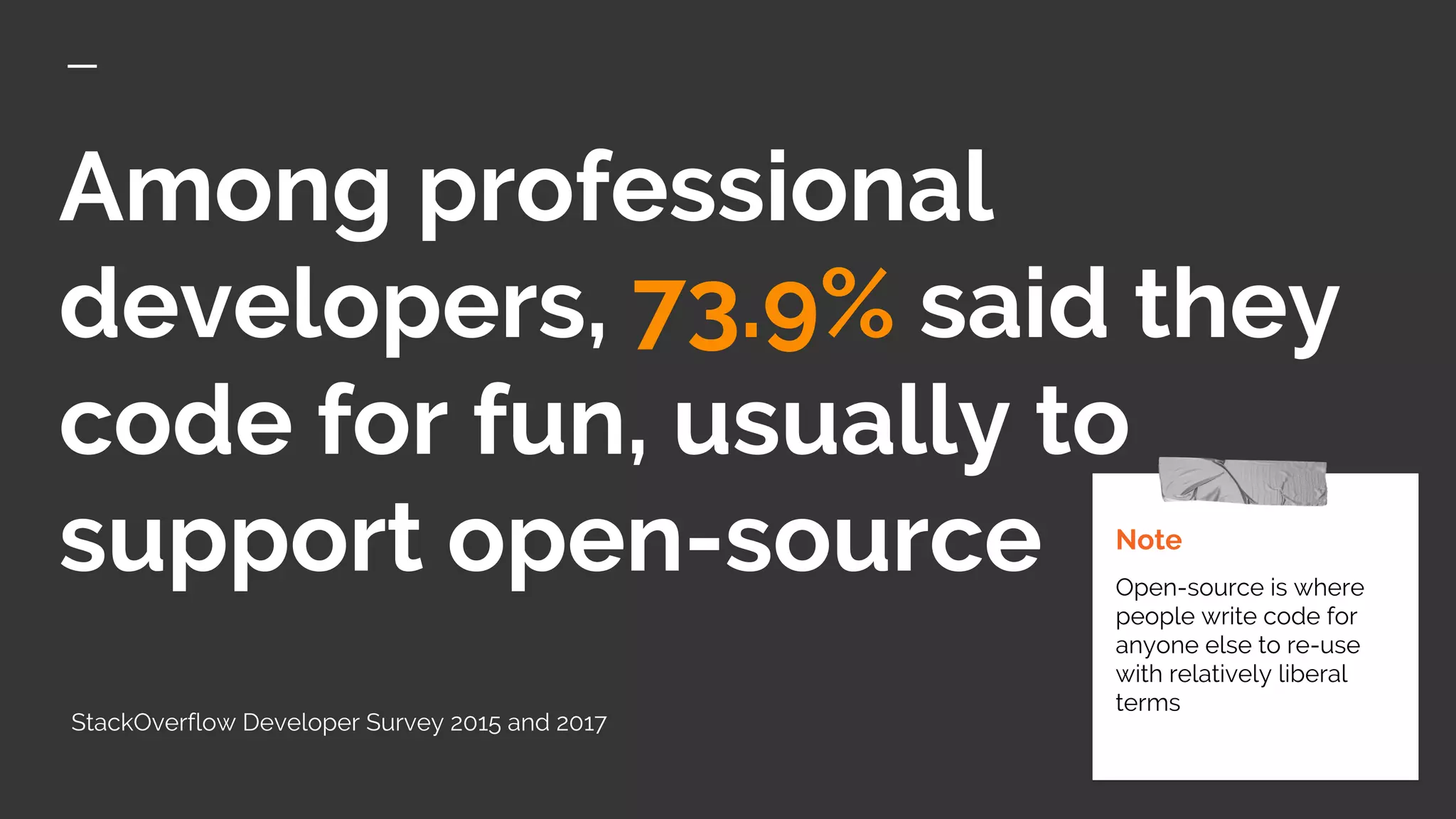 Among professional
developers, 73.9% said they
code for fun, usually to
support open-source Note
Open-source is where
people write code for
anyone else to re-use
with relatively liberal
terms
StackOverflow Developer Survey 2015 and 2017
 