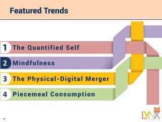 10
Featured Trends
The Quantified Self1
Mindfulness2
The Physical-Digital Merger3
Piecemeal Consumption4
 