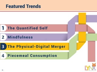 19
Featured Trends
The Quantified Self1
Mindfulness2
The Physical-Digital Merger3
Piecemeal Consumption4
 