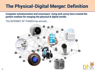 20
The Physical-Digital Merger: Definition
Computer miniaturization and consumers’ rising tech savvy have created the
perfect medium for merging the physical & digital worlds.
The INTERNET OF THINGS has arrived…
 
