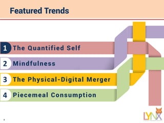3
Featured Trends
The Quantified Self1
Mindfulness2
The Physical-Digital Merger3
Piecemeal Consumption4
 