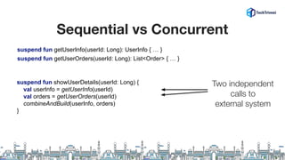 Sequential vs Concurrent
suspend fun showUserDetails(userId: Long) {
val userInfo = getUserInfo(userId)
val orders = getUserOrders(userId)
combineAndBuild(userInfo, orders)
}
Two independent
calls to
external system
suspend fun getUserInfo(userId: Long): UserInfo { … }
suspend fun getUserOrders(userId: Long): List<Order> { … }
 