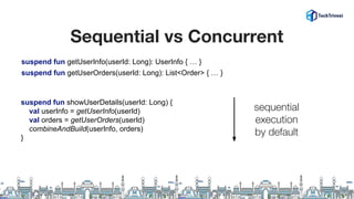 Sequential vs Concurrent
suspend fun showUserDetails(userId: Long) {
val userInfo = getUserInfo(userId)
val orders = getUserOrders(userId)
combineAndBuild(userInfo, orders)
}
suspend fun getUserInfo(userId: Long): UserInfo { … }
suspend fun getUserOrders(userId: Long): List<Order> { … }
sequential
execution
by default
 