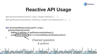 fun showUserRestaurants(userId: Long) {
getUserAddress(userId)
.flatMap { address -> getRestaurants(address) }
.subscribe { restaurants -> processRestaurants(restaurants) }
}
Reactive API Usage
fun getUserAddress(userId: Long): Single<Address> { … }
fun getRestaurants(address: Address): Single<List<Restaurant>> { … }
Chained operators
& actions
 