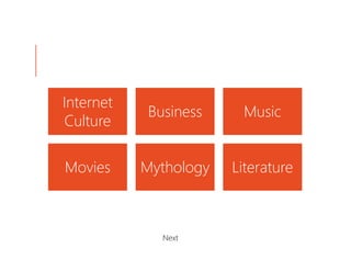 Internet
           Business     Music
Culture

Movies     Mythology   Literature



             Next
 