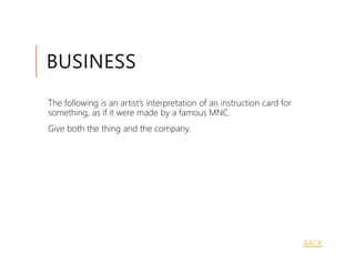 BUSINESS
The following is an artist’s interpretation of an instruction card for
something, as if it were made by a famous MNC.
Give both the thing and the company.




                                                                         BACK
 