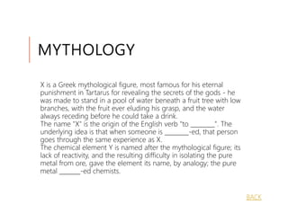 MYTHOLOGY

X is a Greek mythological figure, most famous for his eternal
punishment in Tartarus for revealing the secrets of the gods - he
was made to stand in a pool of water beneath a fruit tree with low
branches, with the fruit ever eluding his grasp, and the water
always receding before he could take a drink.
The name "X" is the origin of the English verb "to ________". The
underlying idea is that when someone is ________-ed, that person
goes through the same experience as X.
The chemical element Y is named after the mythological figure; its
lack of reactivity, and the resulting difficulty in isolating the pure
metal from ore, gave the element its name, by analogy; the pure
metal _______-ed chemists.


                                                                         BACK
 