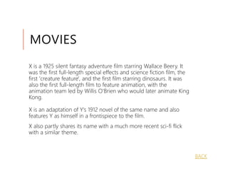 MOVIES
X is a 1925 silent fantasy adventure film starring Wallace Beery. It
was the first full-length special effects and science fiction film, the
first 'creature feature', and the first film starring dinosaurs. It was
also the first full-length film to feature animation, with the
animation team led by Willis O'Brien who would later animate King
Kong.

X is an adaptation of Y's 1912 novel of the same name and also
features Y as himself in a frontispiece to the film.
X also partly shares its name with a much more recent sci-fi flick
with a similar theme.



                                                                          BACK
 