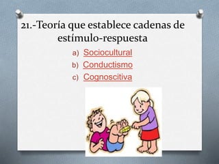 21.-Teoría que establece cadenas de
estímulo-respuesta
a) Sociocultural
b) Conductismo
c) Cognoscitiva
 