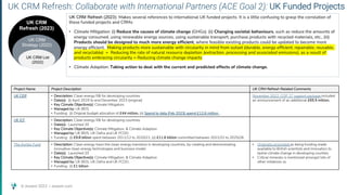 © Assent 2023 / assent.com
UK CRM Refresh: Collaborate with International Partners (ACE Goal 2): UK Funded Projects
UK CRM
Strategy (2022)
UK CRM
Refresh (2023)
UK CRM List
(2022)
Project Name Project Description UK CRM Refresh Related Comments
UK CEIF • Description: Clean energy R& for developing countries
• Date(s): (i) April 2019 to end December 2023 (original)
• Key Climate Objective(s): Climate Mitigation.
• Managed by: UK BEIS
• Funding: (i) Original budget allocation of £44 million, (ii) Spend to data (Feb 2023) spend £12.6 million .
November 2022: COP 27 support package included
an announcement of an additional £65.5 million,
UK ICF • Description: Clean energy R& for developing countries
• Date(s): Launched 20
• Key Climate Objective(s): Climate Mitigation. & Climate Adaption
• Managed by: UK BEIS, UK Defra and UK FCDO.
• Funding: (i) £9.8 billion spent between 2011/12 to 2020/21, (ii) £11.6 billion committed between 2021/22 to 2025/26.
The Ayrton Fund • Description: Clean energy trasn the clean energy transition in developing countries, by creating and demonstrating
innovative clean energy technologies and business model
• Date(s): Launched 20
• Key Climate Objective(s): Climate Mitigation. & Climate Adaption
• Managed by: UK BEIS, UK Defra and UK FCDO.
• Funding: (i) £1 billion
• Originally promoted as being funding made
available to British scientists and innovators to
tackle climate change in developing counties
• Critical minerals is mentioned amongst lots of
other initiatives so
UK CRM Refresh (2023): Makes several references to international UK funded projects. It is a little confusing to grasp the correlation of
these funded projects and CRMs:
• Climate Mitigation: (i) Reduce the causes of climate change (GHGs). (ii) Changing societal behaviours, such as reduce the amounts of
energy consumed, using renewable energy sources, using sustainable transport, purchase products with recycled materials, etc., (iii)
Products should be designed to much more energy efficient, where feasible existing products could be updated to become more
energy efficient. Making products more sustainable with circularity in mind from outset (durable, energy efficient, repairable, reusable,
and recyclable) = Reducing the rate of natural resource depletion (extraction, processing and associated emissions), as a result of
products embracing circularity = Reducing climate change impacts
• Climate Adaption: Taking action to deal with the current and predicted effects of climate change.
 