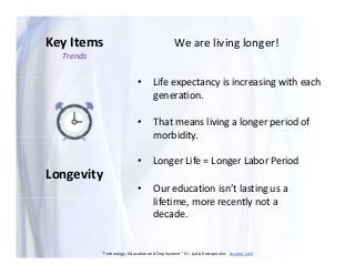 Longevity
We are living longer!Key Items
• That means living a longer period of
morbidity.
• Longer Life = Longer Labor Pe...