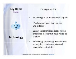 Technology
It’s exponential!Key Items
• Technology is on an exponential path
• It’s changing faster than we can
understand...