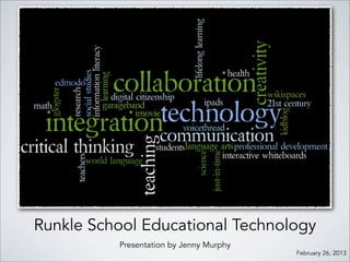 Runkle School Educational Technology
          Presentation by Jenny Murphy
                                         February 26, 2013
 