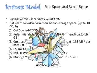 - Free Space and Bonus Space
• Basically, free users have 2GB at first.
• But users can also earn their bonus storage space (up to 18
GB) by:
(1) Get Started-250 MB
(2) Refer Friends to Dropbox- 500 MB/per friend (up to 16
GB)
(3) Connect your Facebook or Twitter account- 125 MB/ per
account
(4) Follow Dropbox on Twitter- 125 MB
(5) Tell Us Why You Love Dropbox- 125 MB
(6) Manage Your Email with Mailbox for iOS- 1GB
And Much More...
 