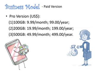 • Pro Version (US$):
(1)100GB: 9.99/month; 99.00/year;
(2)200GB: 19.99/month; 199.00/year;
(3)500GB: 49.99/month; 499.00/year.
- Paid Version
 