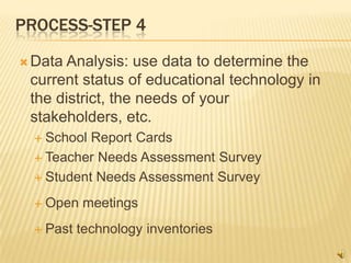 PROCESS-STEP 4

 DataAnalysis: use data to determine the
 current status of educational technology in
 the district, the needs of your
 stakeholders, etc.
   School Report Cards
   Teacher Needs Assessment Survey

   Student Needs Assessment Survey

   Open   meetings
   Past   technology inventories
 