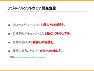 アジャイルソフトウェア開発宣言
■ プロセスやツールよりも個人との対話を。
■ 包括的なドキュメントよりも動くソフトウェアを。
■ 契約交渉よりも顧客との協調を。
■ 計画に従うことよりも変化への対応を。
引用元 http://agilemanifesto.org/iso/ja/manifesto.html
 