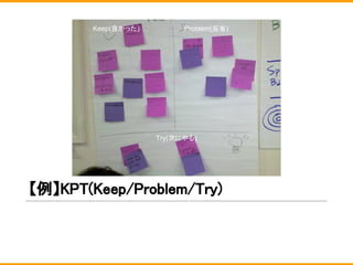 【例】KPT(Keep/Problem/Try)
Keep(良かった) Problem(反省)
Try(次にやる)
 