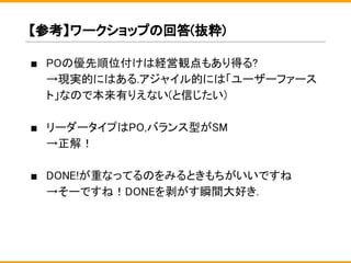■ POの優先順位付けは経営観点もあり得る?
→現実的にはある.アジャイル的には「ユーザーファース
ト」なので本来有りえない(と信じたい)
■ リーダータイプはPO,バランス型がSM
→正解！
■ DONE!が重なってるのをみるときもちがいいですね
→そーですね！DONEを剥がす瞬間大好き.
【参考】ワークショップの回答(抜粋)
 