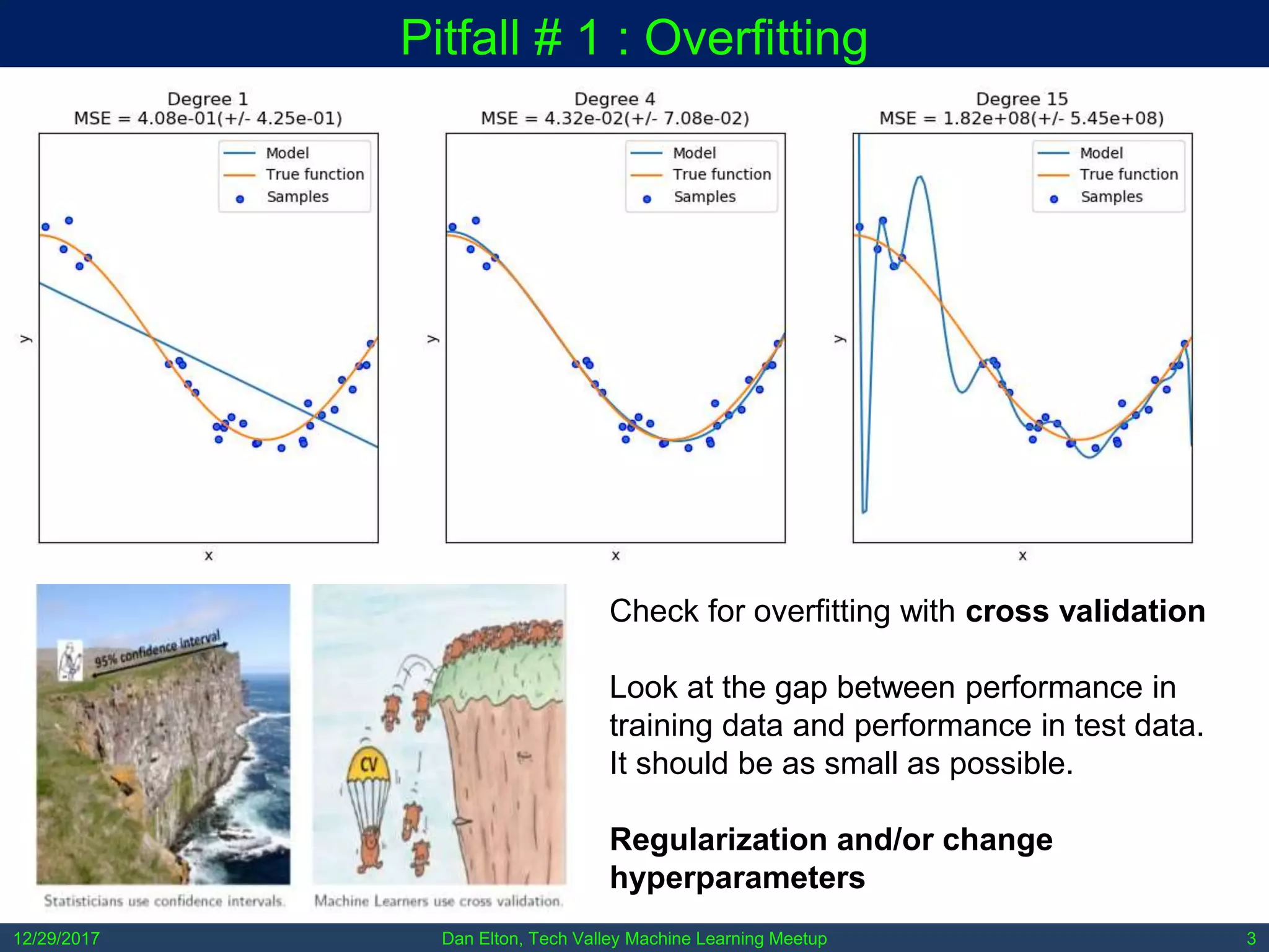 Dan Elton, Tech Valley Machine Learning Meetup12/29/2017 3
Pitfall # 1 : Overfitting
Check for overfitting with cross validation
Look at the gap between performance in
training data and performance in test data.
It should be as small as possible.
Regularization and/or change
hyperparameters
 
