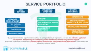 6
www.techvariable.com
SERVICE PORTFOLIO
SOFTWARE
DEVELOPMENT
Web Application/
Portal
Re-engineering
Maintenance/Support
APPLICATION
EXPERTISE
E-BUSINESS/E-CAMPUS
/E-HOSPITAL
MANAGEMENT
SOLUTIONS
CRM/ERP
CORE
SERVICES
INDUSTRY
EXPERTISE
MANUFACTURING,
PRODUCTION, OIL & GAS
TRAVEL AND TOURISM
HEALTHCARE
EDUCATIONAL
INSTITUTIONS
 Every team member is experienced in working on a range of product engineering services like enterprise application
development, reengineering an existing one, product maintenance and providing technical support.
 We have experience in developing custom application software, web solutions and mobile applications in various verticals
tailored to customer needs.
 